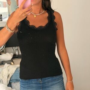 Black Lace-Trim Ribbed Tank Top — Women